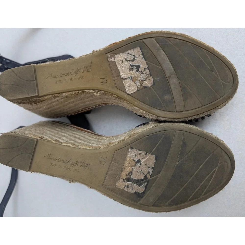 American Eagle Womens 7W Navy Stripe Bow Espadrille Platform Wedge Sandals